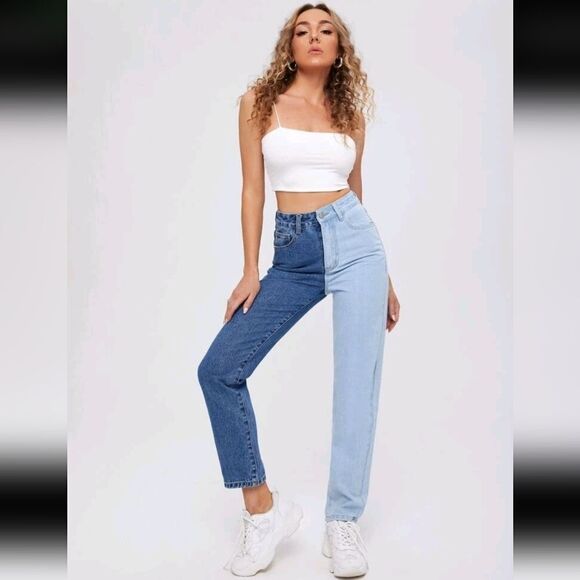 Two Toned Light Dark Splice High Waist Denim Straight Jeans Size Medium NWOT - Picture 1 of 5